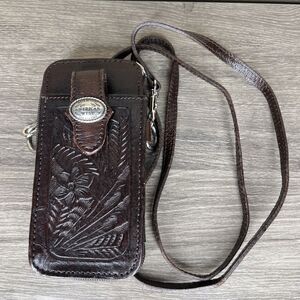 American West Hand Tooled Leather Crossbody Phone Wallet Brown Concho Western